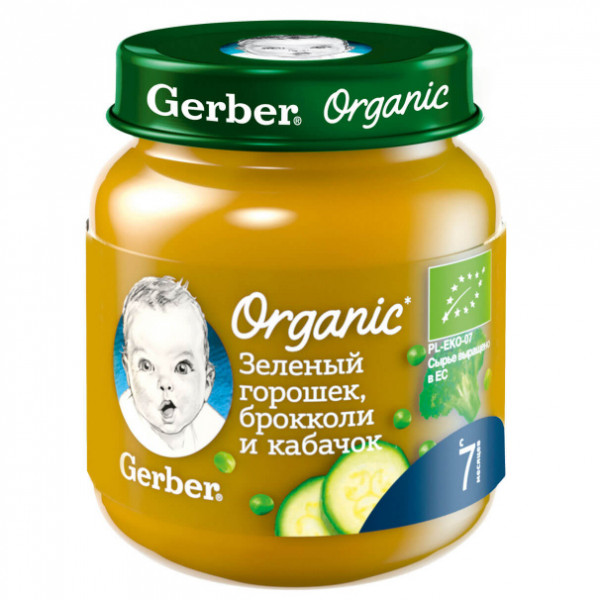 Пюре детское Gerber Organic Зеленый горошек, брокколи и кабачок, 7m+, 125гр